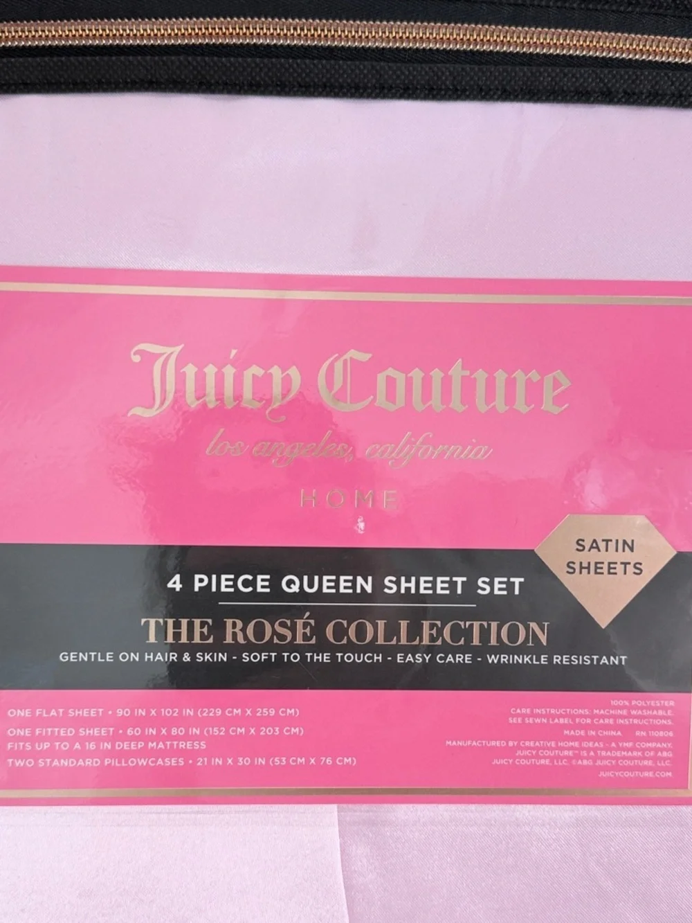 Juicy Couture Rose Collection Pink Satin Queen Sheet Set 4 Piece Bedding Pink